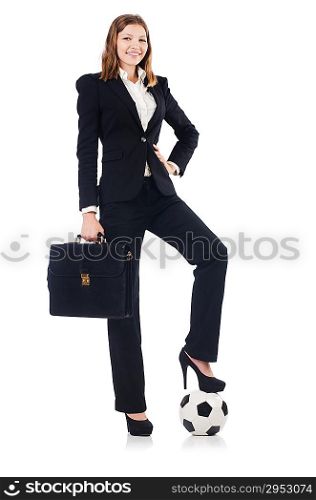Businesswoman with football on white