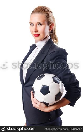 Businesswoman with football on white
