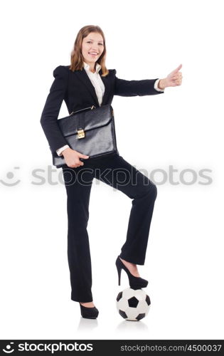 Businesswoman with football on white