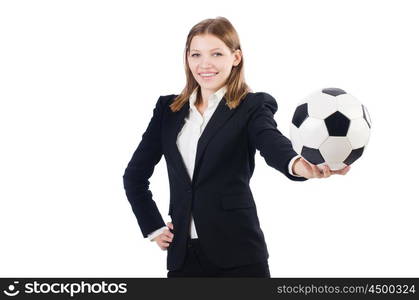 Businesswoman with football on white