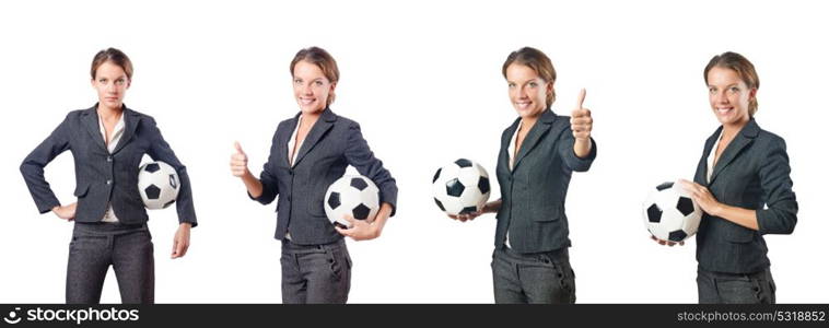 Businesswoman with football on white