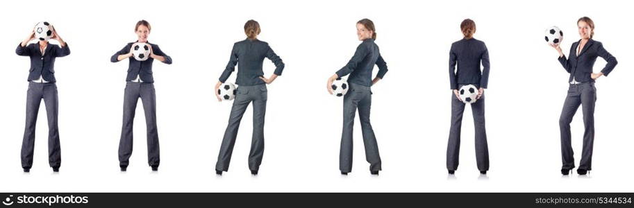 Businesswoman with football on white