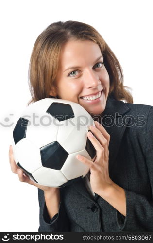 Businesswoman with football on white