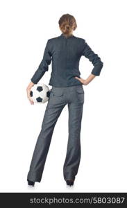 Businesswoman with football on white