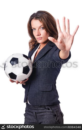 Businesswoman with football on white