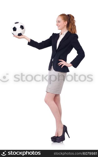 Businesswoman with football on white