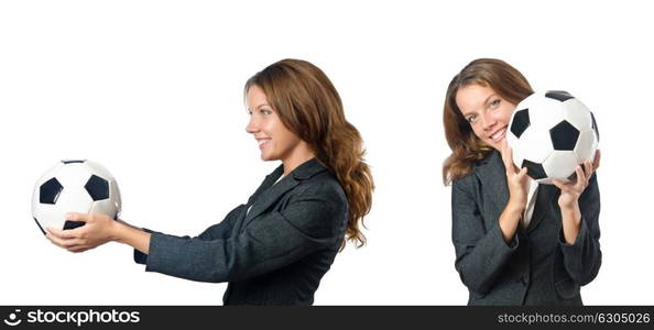 Businesswoman with football on white