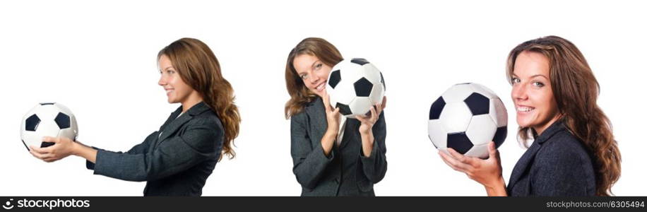 Businesswoman with football on white