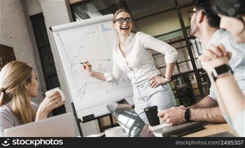 businesswoman with glasses during meeting presentation with her team