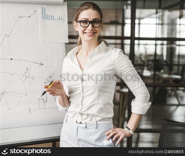 businesswoman with glasses giving presentation