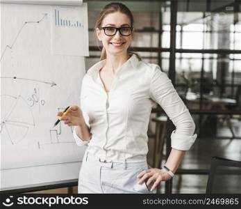 businesswoman with glasses giving presentation