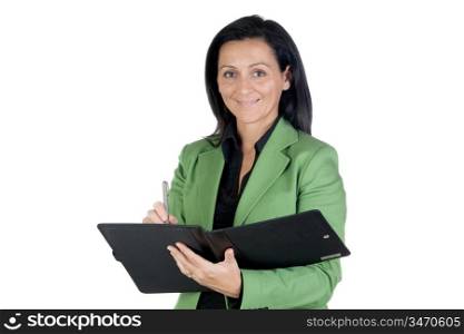 Businesswoman with green jacket isolated on a over white background