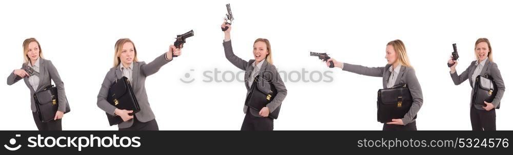 Businesswoman with gun isolated on white