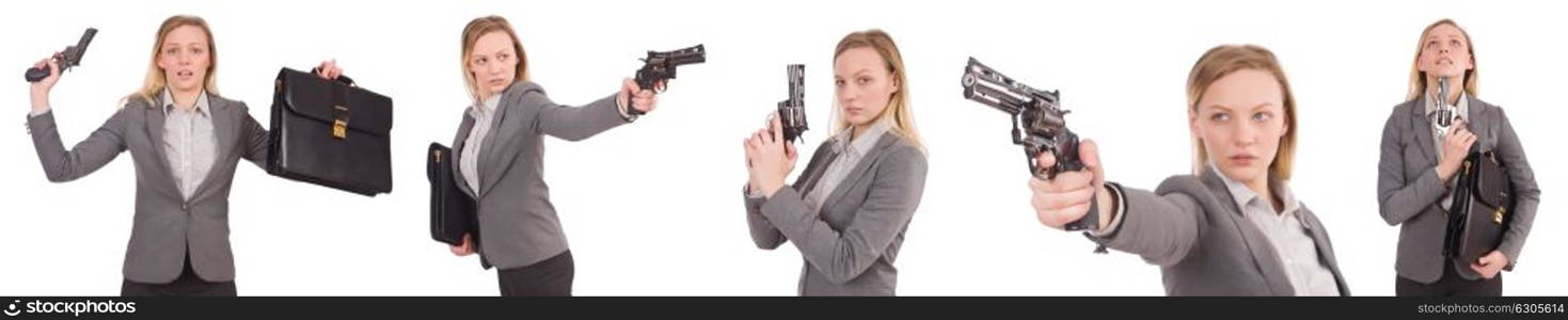 Businesswoman with gun isolated on white