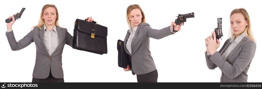 Businesswoman with gun isolated on white