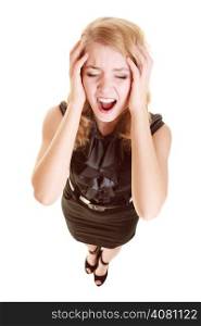 Businesswoman with head pain screaming. Frustrated blonde girl with headache shouting isolated on white. Stress in work.