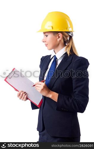 Businesswoman with helmet on white