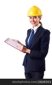 Businesswoman with helmet on white