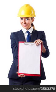 Businesswoman with helmet on white