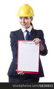 Businesswoman with helmet on white