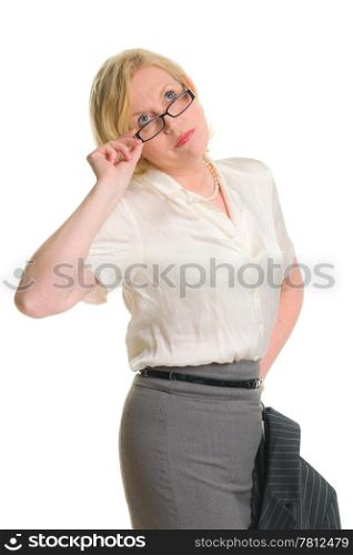 Businesswoman with jacket, holding glasses, white isolated background.