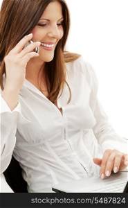businesswoman with laptop and phone over white
