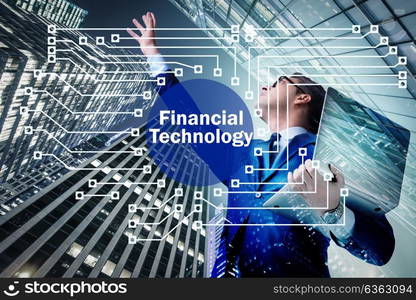 Businesswoman with laptop in financial technology fintech concept. Businesswoman with laptop in financial technology fintech concep