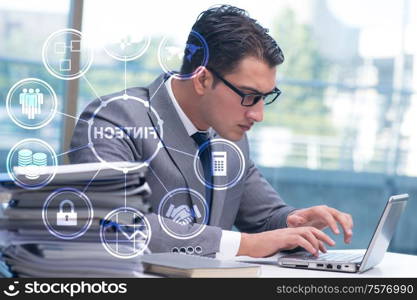 Businesswoman with laptop in financial technology fintech concept. Businesswoman with laptop in financial technology fintech concep