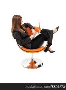 businesswoman with laptop in orange chair over white
