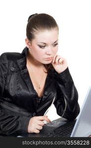 Businesswoman with laptop. Isolated on a white
