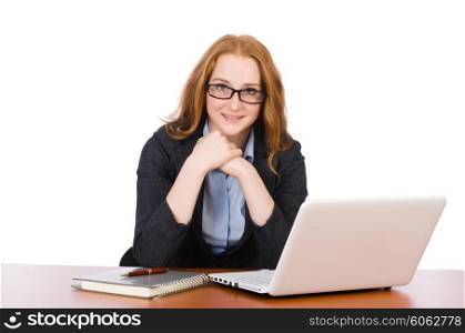 Businesswoman with laptop isolated on white