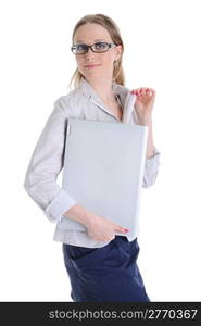 businesswoman with laptop. Isolated on white background