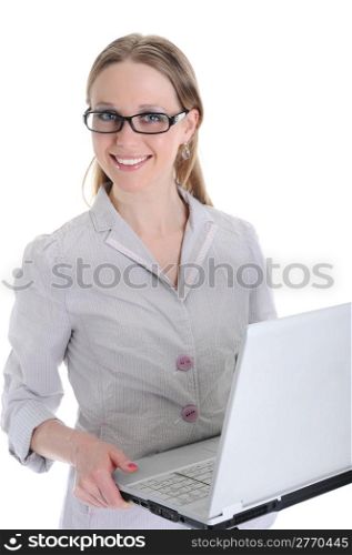 businesswoman with laptop. Isolated on white background