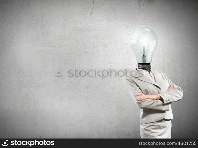 Businesswoman with light bulb instead of head. Great mentality