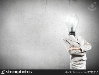 Businesswoman with light bulb instead of head. Great mentality