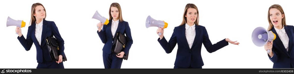 Businesswoman with loudspeaker isolated on white