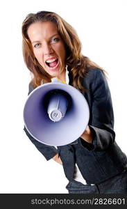 Businesswoman with loudspeaker on white