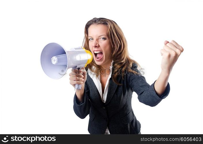 Businesswoman with loudspeaker on white