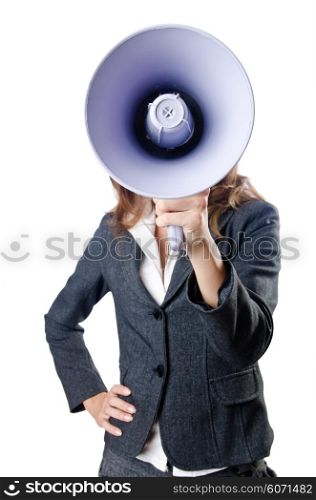 Businesswoman with loudspeaker on white