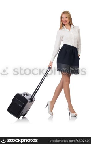 Businesswoman with luggage isolated on the white