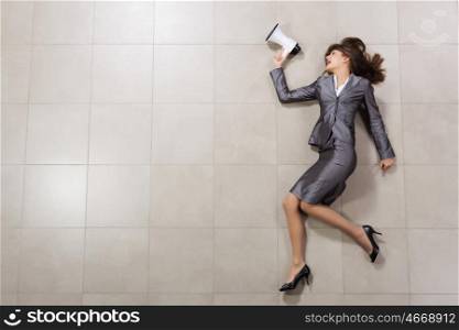 Businesswoman with megaphone. Funny image of businesswoman running with megaphone in hands