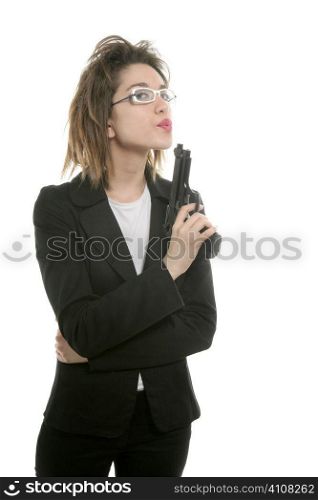Businesswoman with messy hair and handgun over white studio background