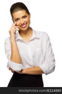 Businesswoman with mobile phone isolated