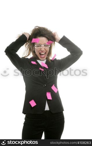 Businesswoman with multi task pink color notes
