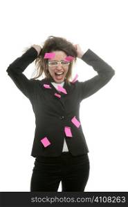 Businesswoman with multi task pink color notes