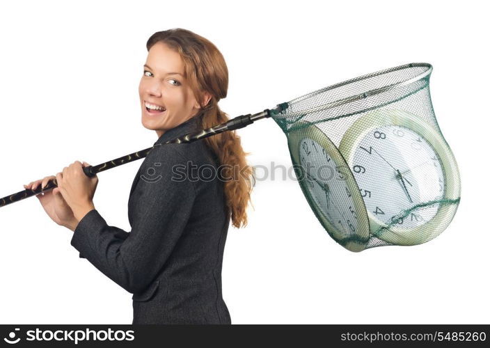 Businesswoman with net and clocks