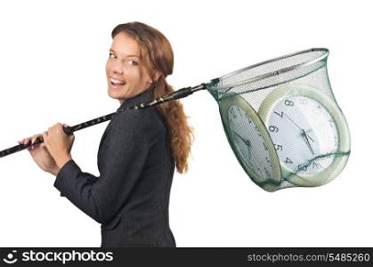 Businesswoman with net and clocks