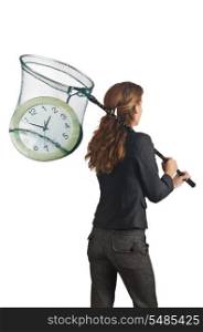 Businesswoman with net and clocks