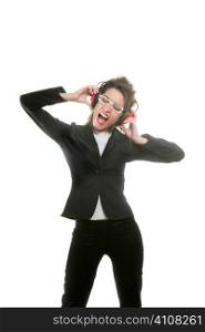 Businesswoman with noise safety headphones and expression