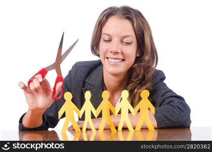 Businesswoman with paper people on white